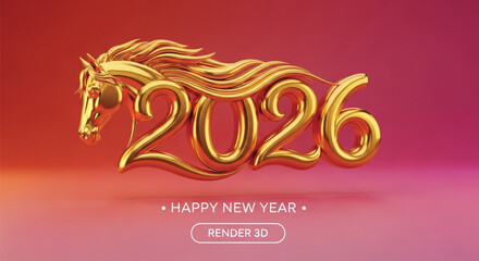 A golden horse elegantly forms the year 2026, accompanied by a festive happy new year greeting, creating a visually stunning and celebratory design. 