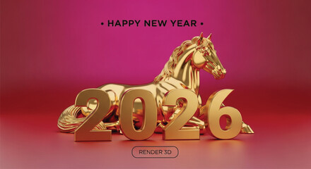 A golden horse figurine is placed in front of the year 2026, all in gold, against a pink backdrop. This image is perfect for New Year's celebration themes.