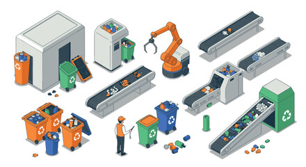 Obraz premium Automated recycling plant with conveyor belts and robotic arm in isometric view