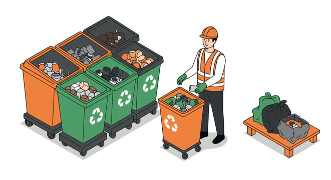 Worker organizing recyclable materials in colored bins for efficient waste management