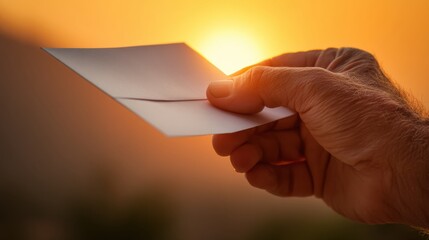 Hand offering letter envelope at golden sunset hour a symbol of communication trust and hope connection