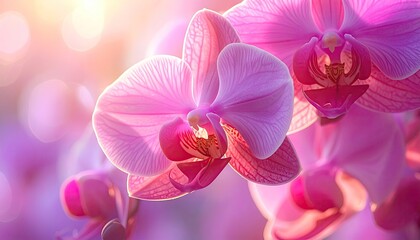 Obraz premium Close Up Of Pink Orchids In Soft Morning Sunlight With Bokeh Background