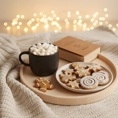 Hygge Lifestyle Setup with Hot Chocolate, Marshmallows, and Christmas Cookies 