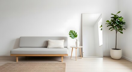 Fototapeta premium Minimalist interior design with sofa mirror plant and table in a bright white living room decor idea