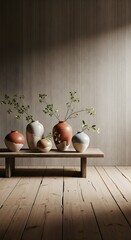 Minimalist Wooden Bench with Vases