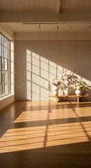 Sunlit Wooden Room with Flower Vases