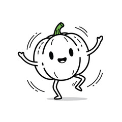 Fototapeta premium Flat outline cartoon pumpkin vector character dancing with joyful motion lines on a white background.