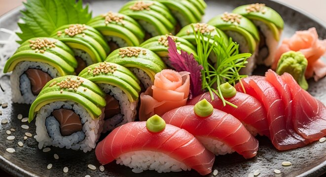 Delicious avocado sushi roll with tuna nigiri and ginger on a plate japanese cuisine food dish