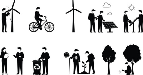 Eco activities silhouettes, renewable energy, wind turbine, solar panels, recycling waste, tree planting, cycling transport, environmental care, sustainable lifestyle, flat vector