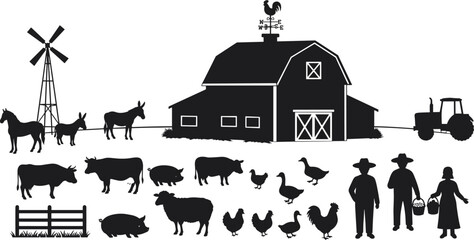 Farm life silhouette illustration, barn tractor animals rustic countryside scene, windmill rooster decor, black flat vector agricultural design collection