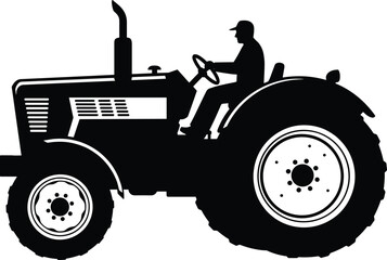 Farmer driving tractor silhouette, agriculture machinery illustration, rural farming vehicle, countryside work equipment, agricultural labor concept, black and white flat vector