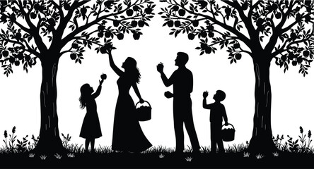 Family apple picking silhouettes, orchard harvest, outdoor activity, parents and children, fruit basket, nature care, seasonal farming, autumn lifestyle, flat vector