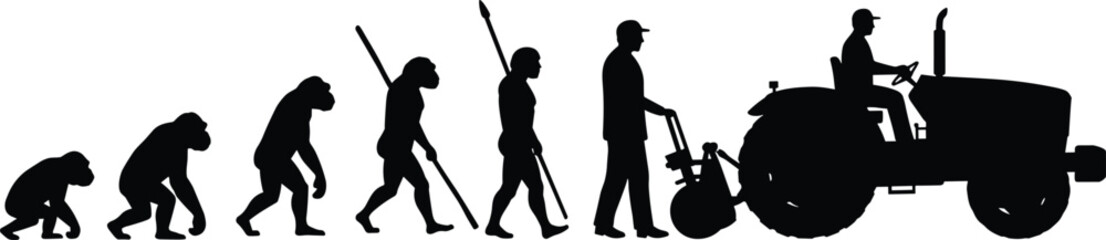 Human evolution silhouette, primates to modern agriculture worker, farming technology progress, agricultural development timeline, evolution of labor concept, flat vector illustration