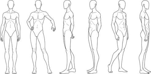 Human figure sketches, anatomy poses, front side rear views, body proportion study, artist reference, character design, drawing practice, simplified outline, flat vector
