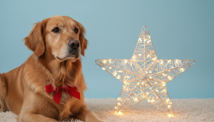 Golden retriever red bow christmas pet fairy light