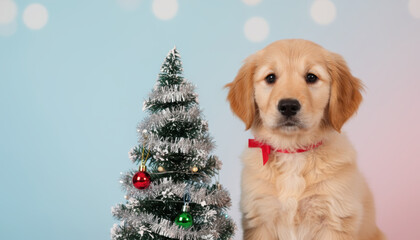 Pet puppy christmas golden festive cute tinsel tree calm pet puppy at christmas beside small tree