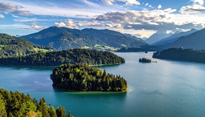 Serene Lake Surrounded by Lush Green Mountains and Islands Under a Blue Sky with Dramatic Clouds