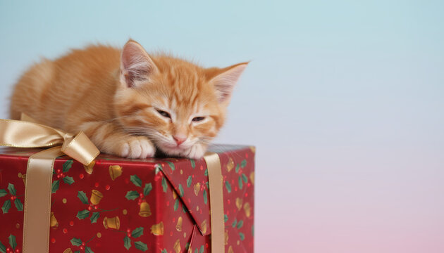 Sleepy kitten pet on christmas gift, cozy feline resting on wrapped present