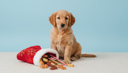 Cute puppy, festive, holiday, candy cane, stocking, pet christmas scene