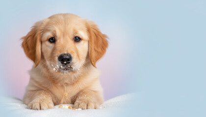Puppy, golden retriever, cute, christmas, pet with snowy crumbs on nose looks innocent