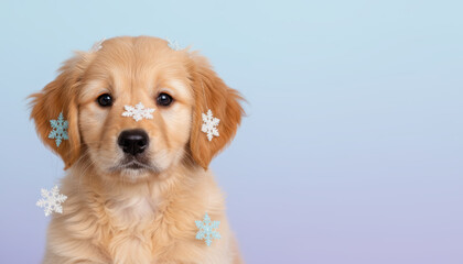 Golden retriever puppy, pet, christmas, winter, snowflake, cute portrait with calm charm