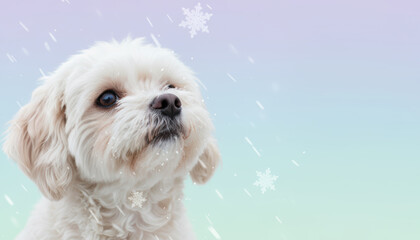 Pet dog, white fur, winter snow, pastel background, christmas charm