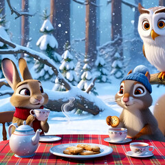 Adorable Christmas illustration for children featuring happy forest animals, gifts, and snow in a magical winter forest. Perfect for storybooks, cards, and holiday prints.