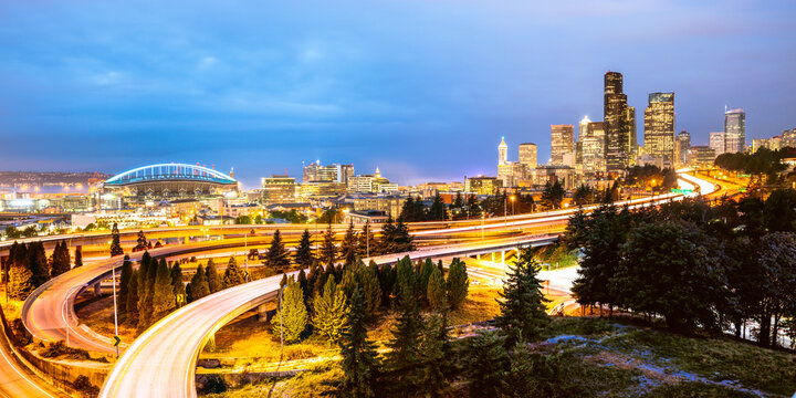 Skyline and Interstate at dusk, Seattle, USA
