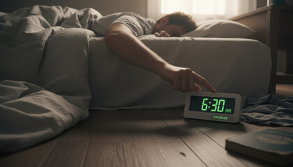 Man hitting snooze on alarm clock at 6:30 AM
