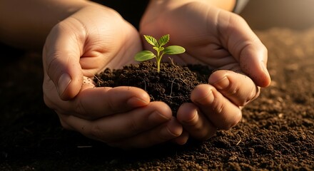Hands holding a young plant seedling with soil suggests new life, growth, and environmental care