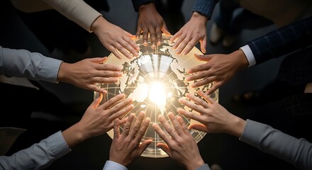 Business people in a team holding hands together, signifying unity, support, and success in partnership