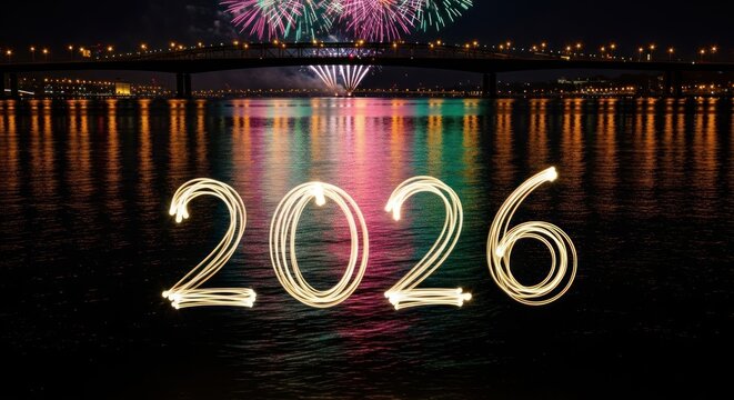 Night view of a bridge over water with fireworks in the sky. Illuminated numbers 2026 float on the water's surface