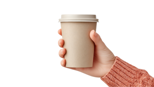Hand Holding Coffee Cup - To-Go Drink on White