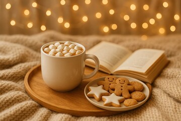 Cozy Home Atmosphere with Hot Chocolate, Cookies, and Soft Blanket 