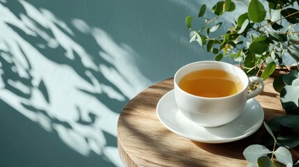 A white teacup & saucer filled w/ golden tea sits on a wooden table, eucalyptus sprigs & leaf shadows frame a teal wall