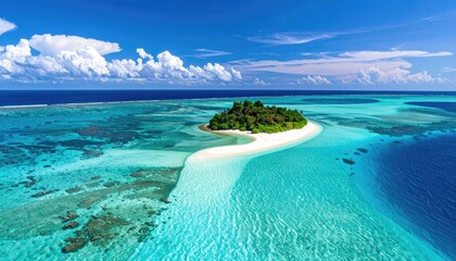 Idyllic Tropical Island Paradise Turquoise Ocean Waters Lush Greenery White Sand Beach Under Clear Blue Sky Summer Day Aerial View