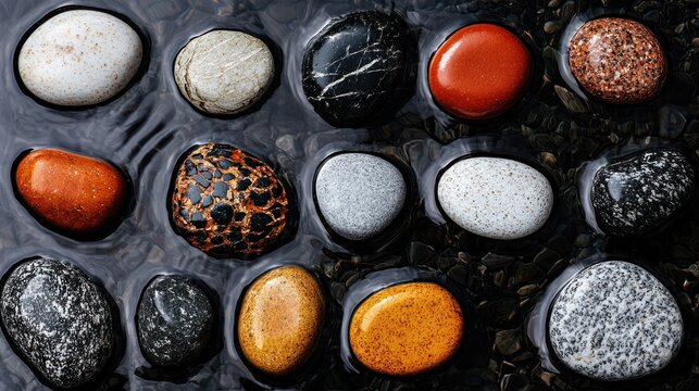 A close-up of colorful, smooth stones partially submerged in clear water, arranged on a dark, pebbled surface