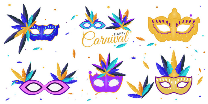 A vibrant set of vector carnival masks with feathers and confetti. Perfect for posters, banners, invitations, and festival, masquerade, party, and holiday campaign web design.
