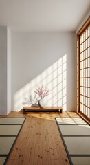 Minimalist Japanese Living Room with White Vase