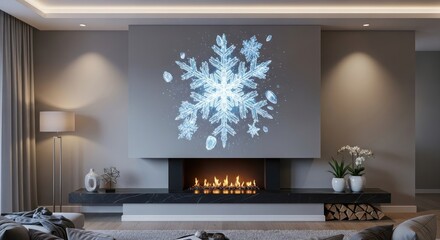 Modern living room with fireplace and snowflake projection for winter holidays