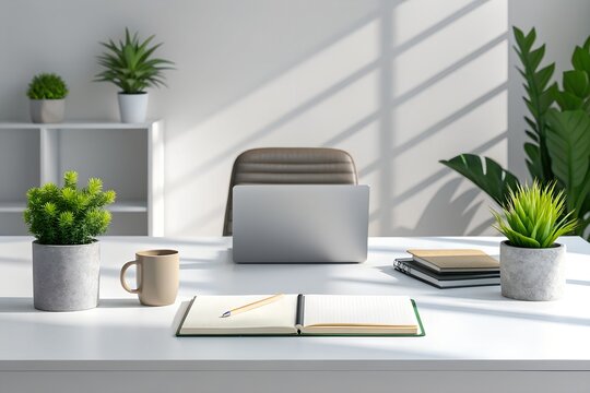 Modern office workspace with indoor plants, open notebook, and coffee mug in bright natural light, calm productive atmosphere