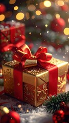 Close Up Festive Gift Box with Red Ribbon and Bow with Gold Glitter and Red Ornament on Snowy Surface