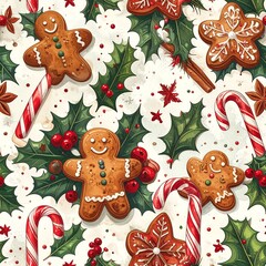 Festive Christmas Pattern with Gingerbread Cookies Candy Canes and Holly Berries in Watercolor Style