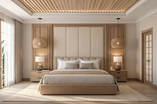 Elegant modern bedroom with neutral tones, linen bedding, wooden accents, and warm natural light creating a calm interior atmosphere