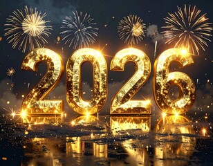 Glittering Golden 2026 Celebration with Fireworks and Dark Background