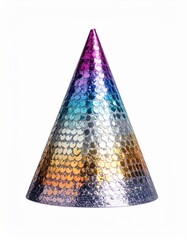 Glittering Party Hat on White Backdrop Displaying Various Colors and Textures