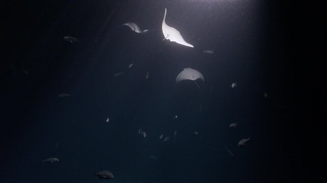 Mesmerizing underwater scene with a school of manta rays gliding through the deep blue ocean, illuminated by a shaft of sunlight, showcasing synchronized movement and serene marine beauty.