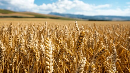 Golden wheat field under a bright blue sky, with rolling hills in the distance. Sunlight illuminates the scene