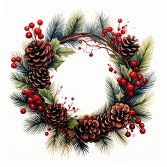 Watercolor Wreath Decoration With Pine Cones and Berries on White Background