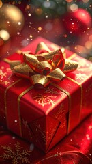 Wrapped Red Gift Box with Golden Bow and Snowflake Decorations Festive Arrangement with Bokeh Background